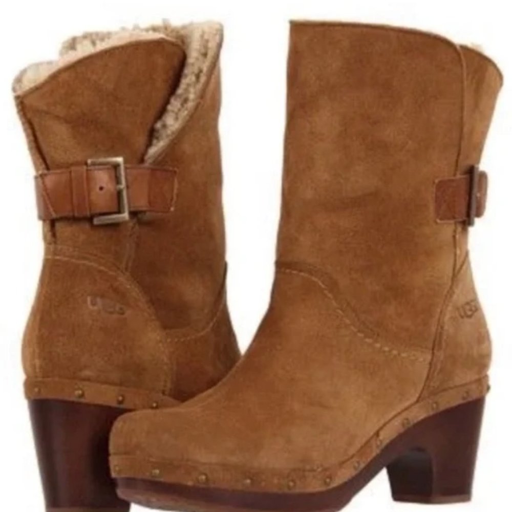 UGG Chestnut Brown Suede Amoret Clog Heel Boots Size 6